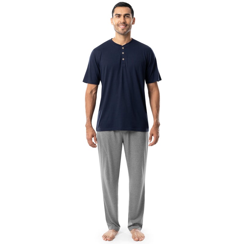 Fruit of the Loom Men's 2-Piece Jersey Knit Pajama Set, Navy/Grey Heather, X-Large - Image 1